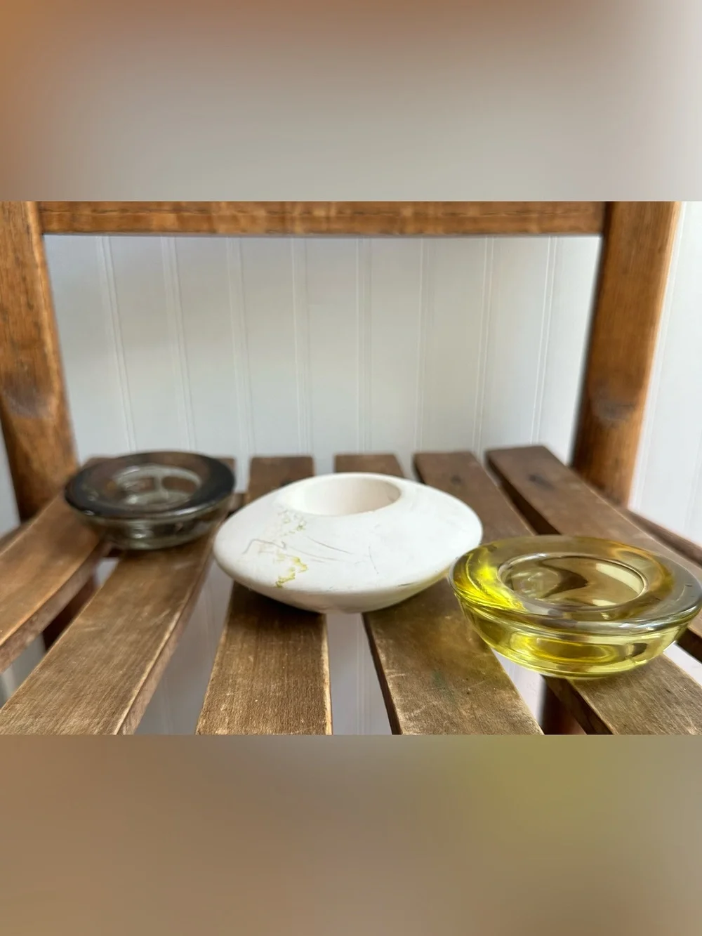 Set of 3 vintage tea light holders • glass and ceramic